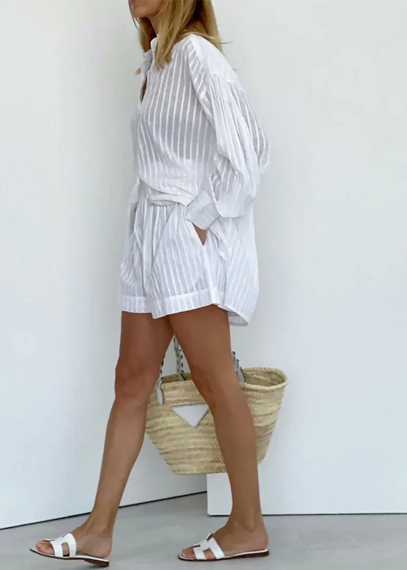 SOERA Bridget Striped Cotton Shirt and Shorts Set - Shorts - S