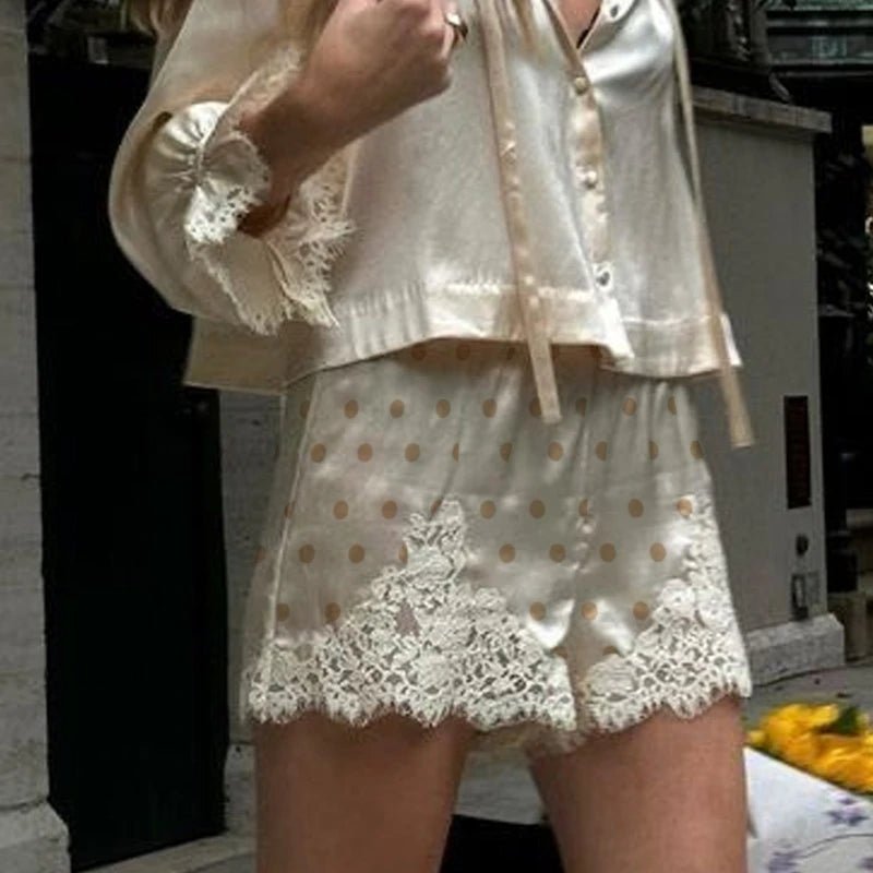 SOERA Margot Lace Trim Polka Dot Satin Shorts - Shorts - Beige S