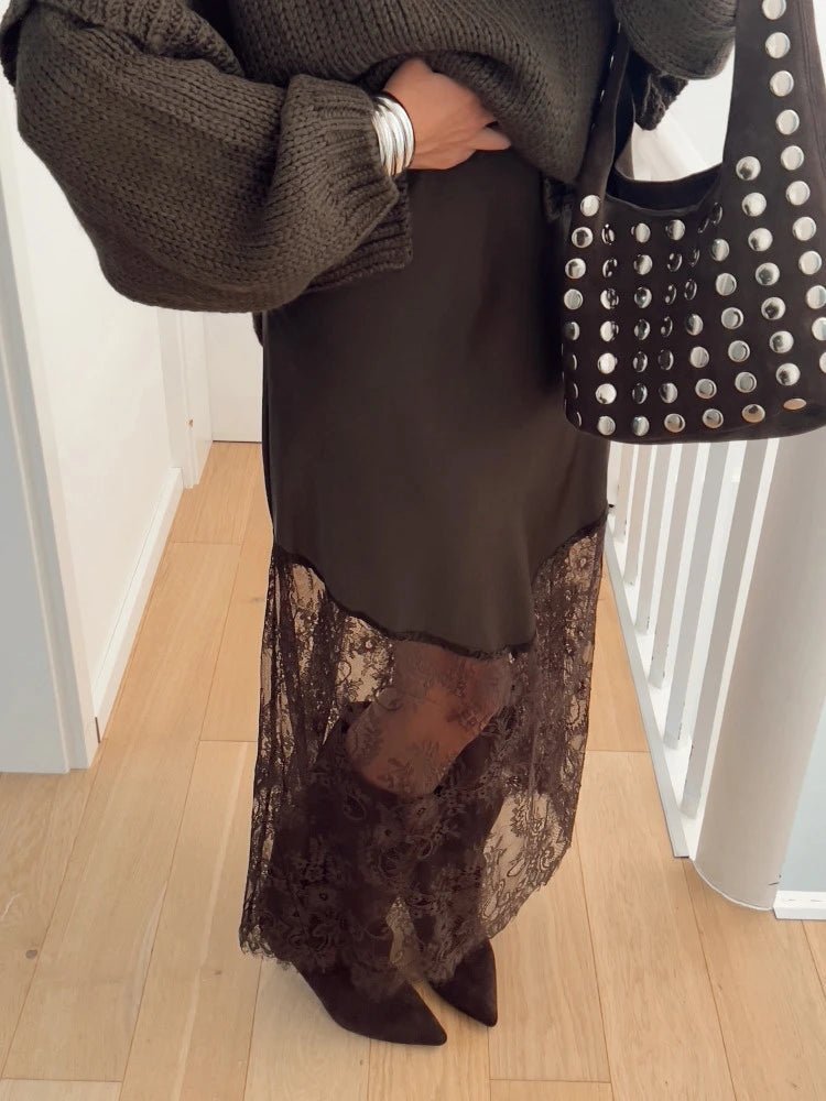 SOERA Diane Satin Lace Maxi Skirt - Skirts - 3256809822824212-;sA1765494891639558520 Brown S