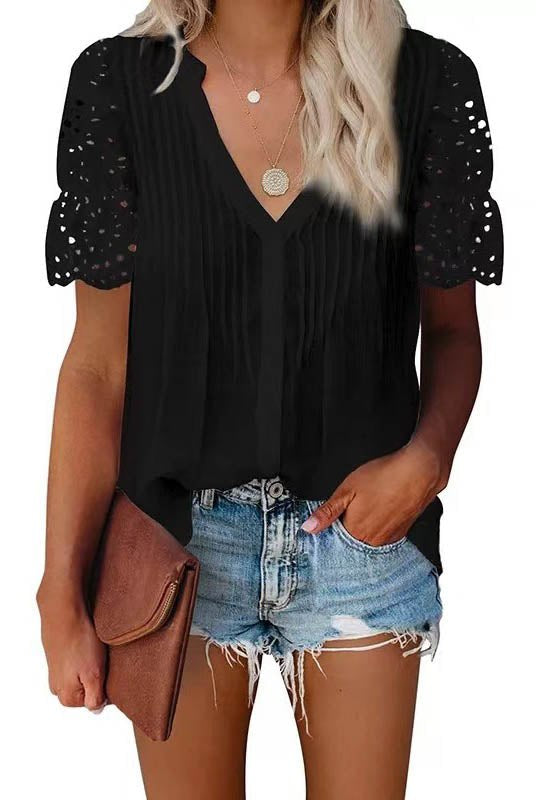 SOERA Beatrice V - Neck Lace Sleeve Top - Top - Black S