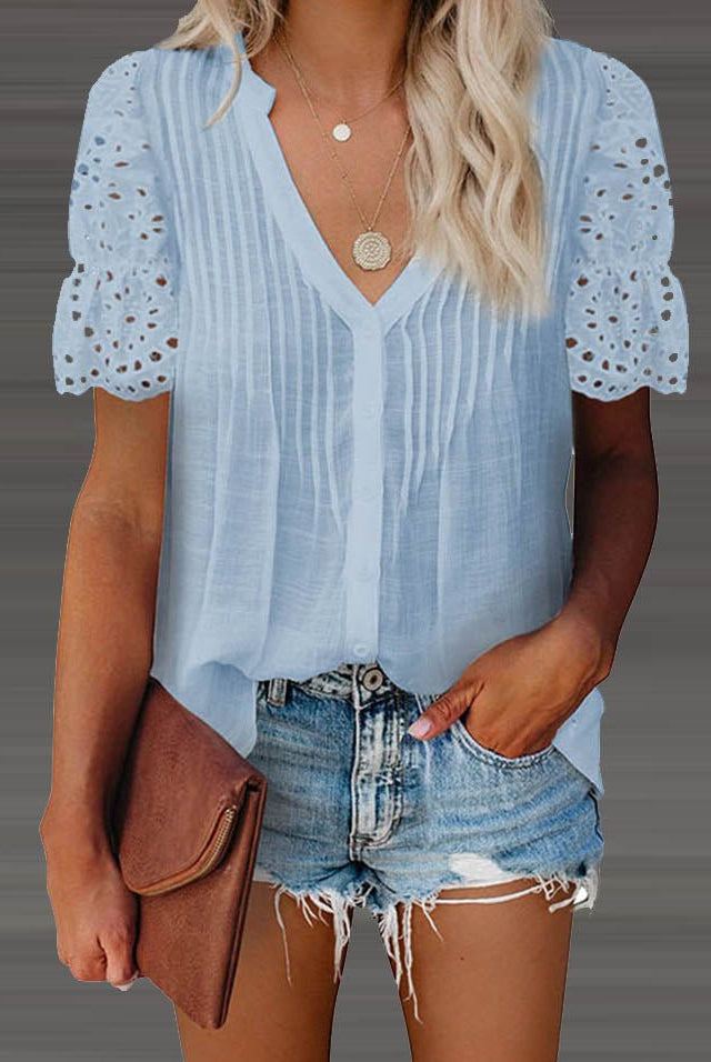 SOERA Beatrice V - Neck Lace Sleeve Top - Top - Sky Blue S