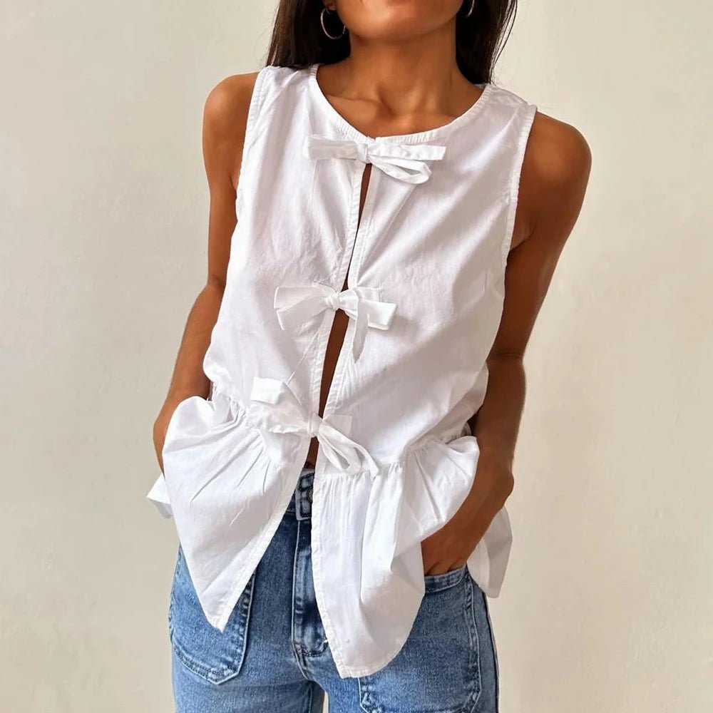 SOERA Bianca Bow - Tie Peplum Tank Top - Top - White M
