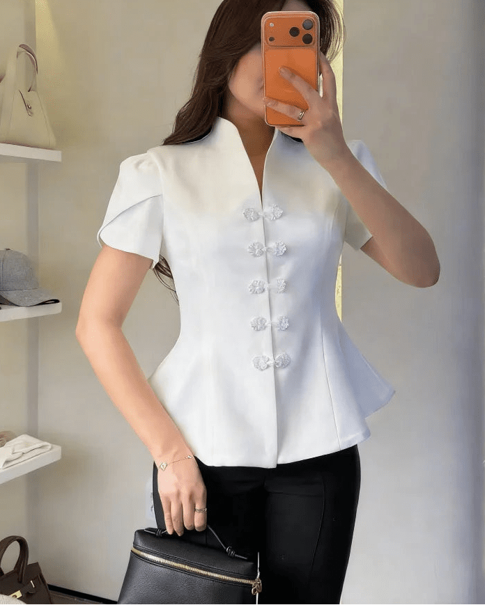 SOERA Bianca Knot Button Stand Collar Top - Top - White L
