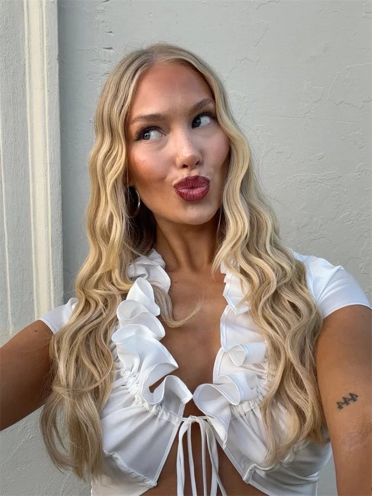 SOERA Bianca Ruffled Lace-Up Cropped Tank - Top - White S
