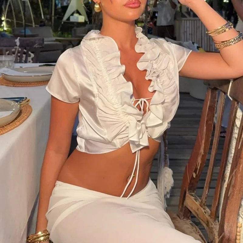 SOERA Bianca Ruffled Lace - Up Cropped Tank - Top - White S