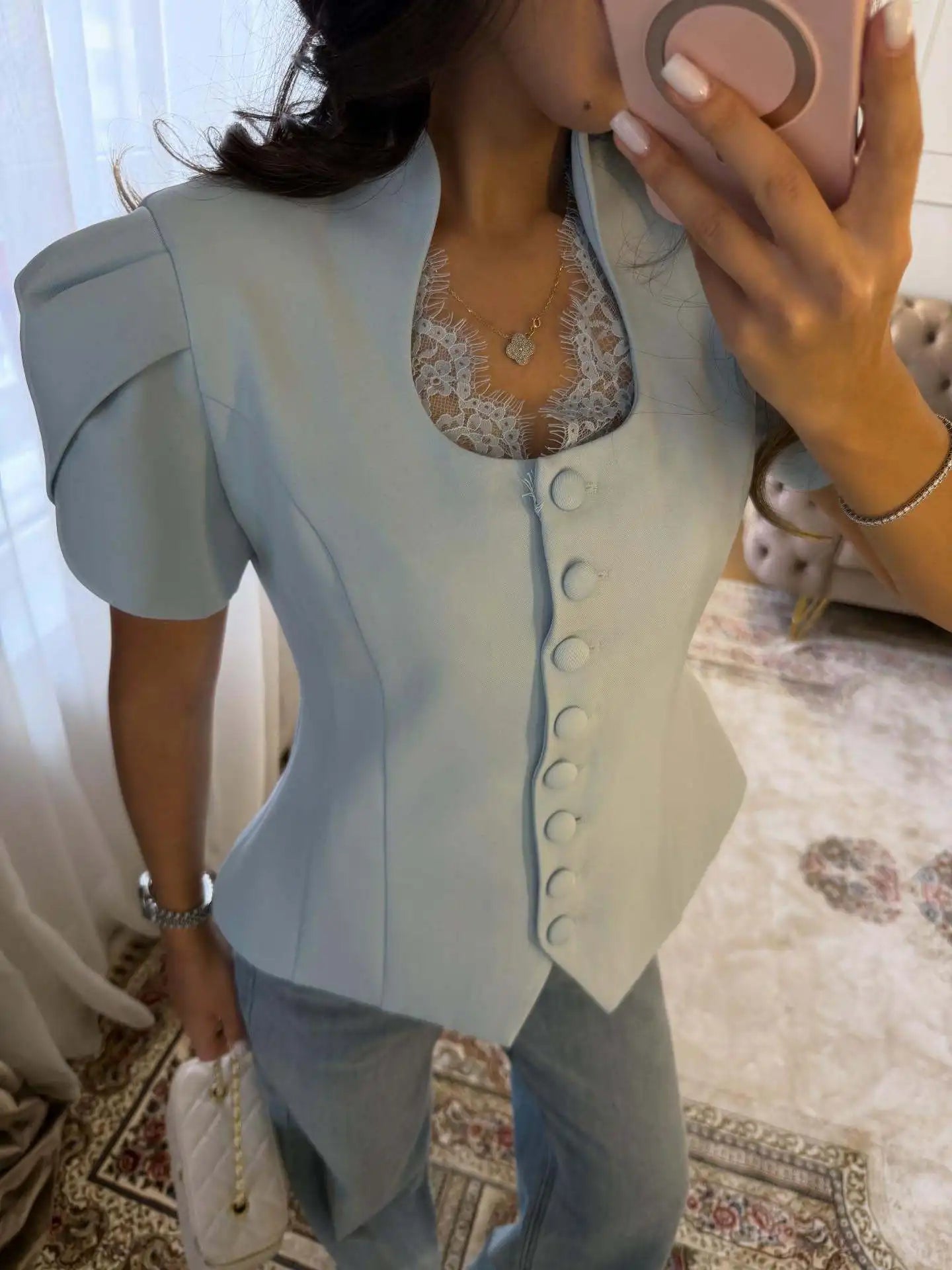 SOERA Bianca Button Front Stand Collar Top - Tops - Blue S