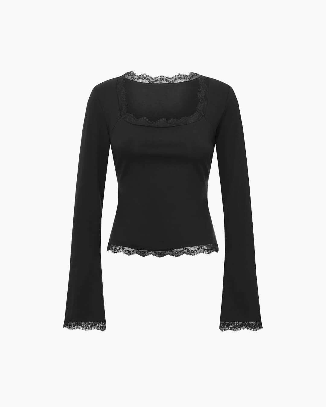 SOERA Jackie Lace Trim Square Neck Top - Tops - 1005009888508655-;GA1768904312566537522 Black S