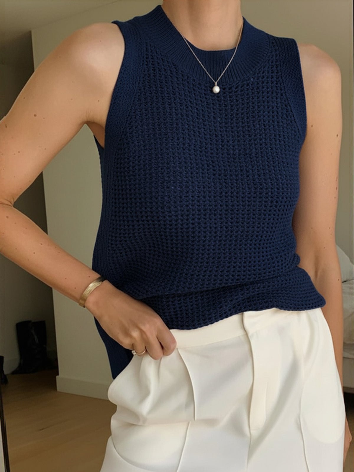 SOERA Jamilla Hollow Knit Tank Top - Tops - Dark Navy XS