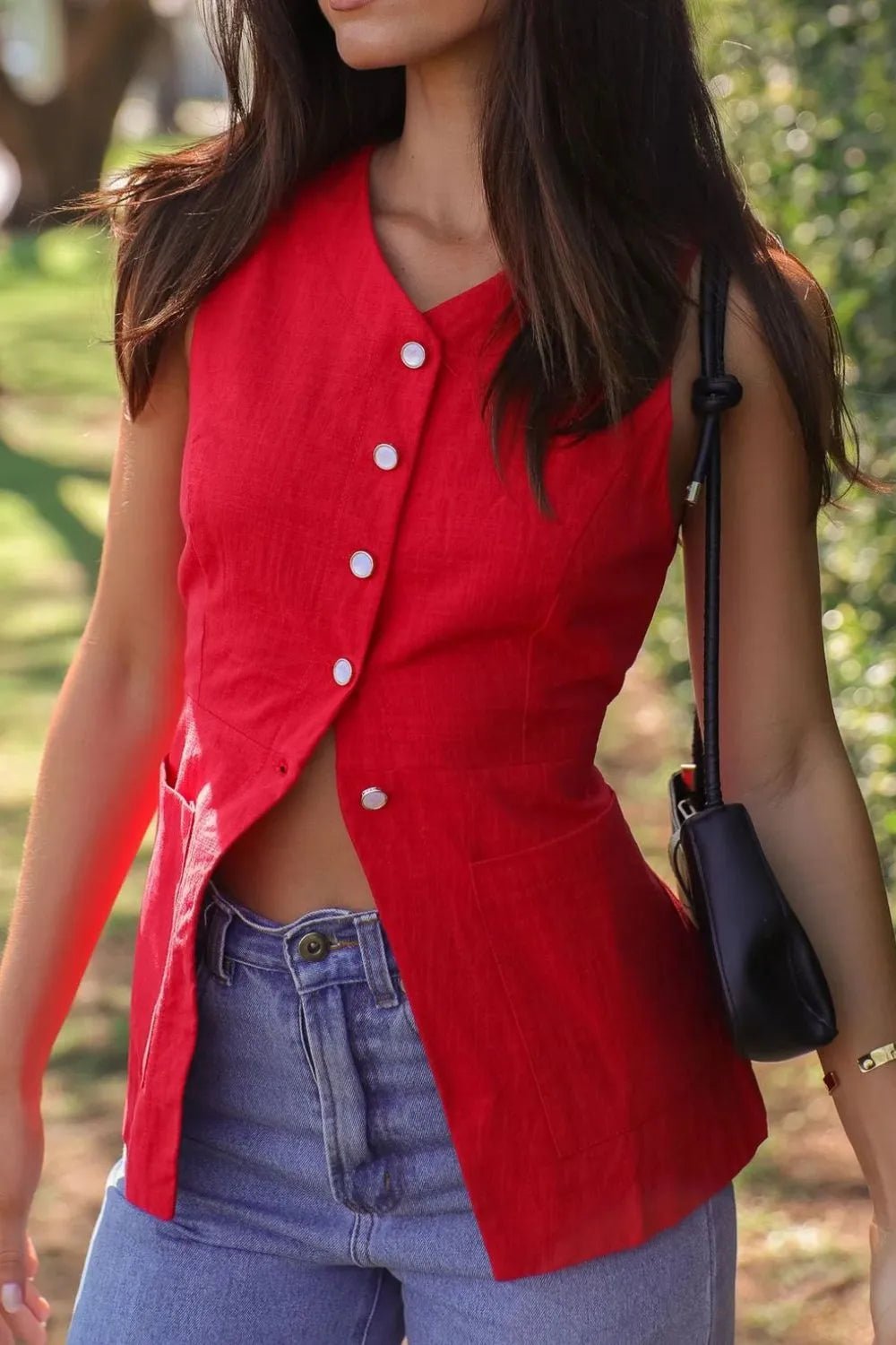 SOERA Mabel Cotton - Linen Sleeveless Vest - Tops - dB1774929987191006686 Scarlet S