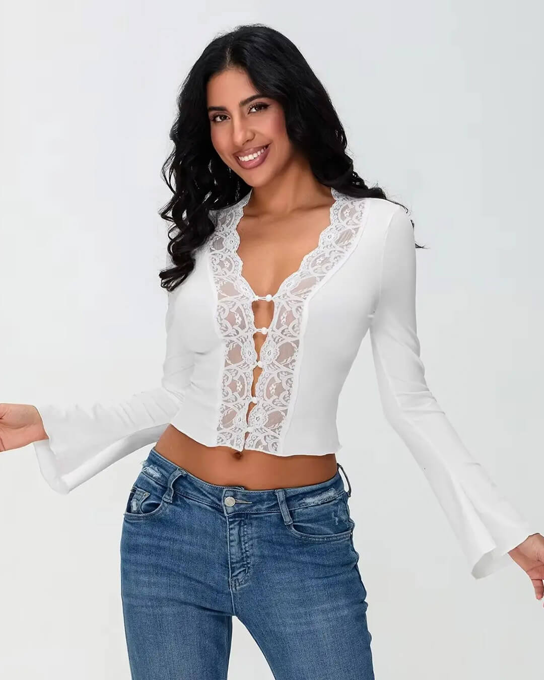 SOERA Victoria Long Sleeve Lace Trim Blouse - Tops - Black M