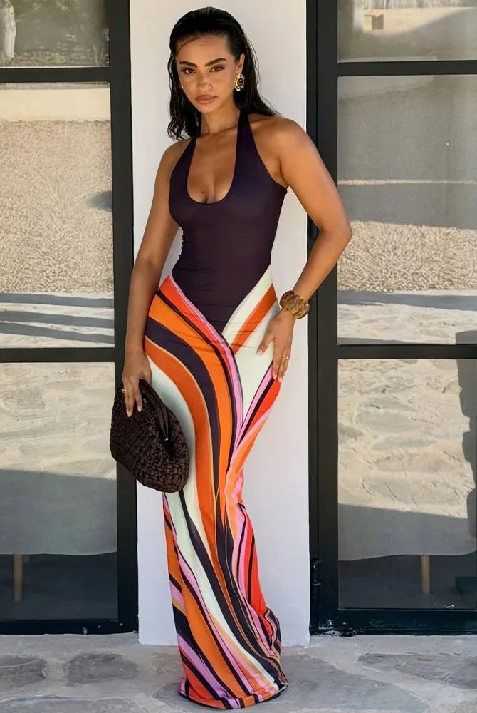 SOERA Valentina Colorblock Swirl Pattern Maxi Dress - Dress - SOERA-989251-NEG-S-66211 S