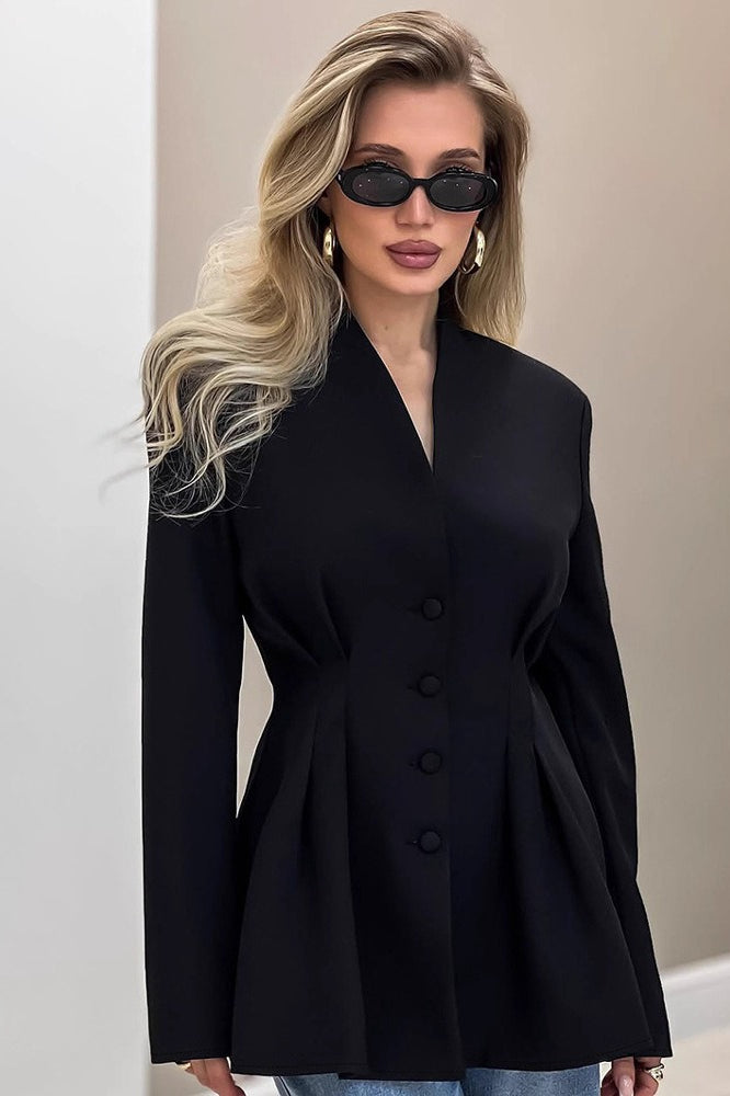 Elegant V-Neck Tailored Waist Blazer for Women - Slim Fit Polyester Spandex Blazer 1