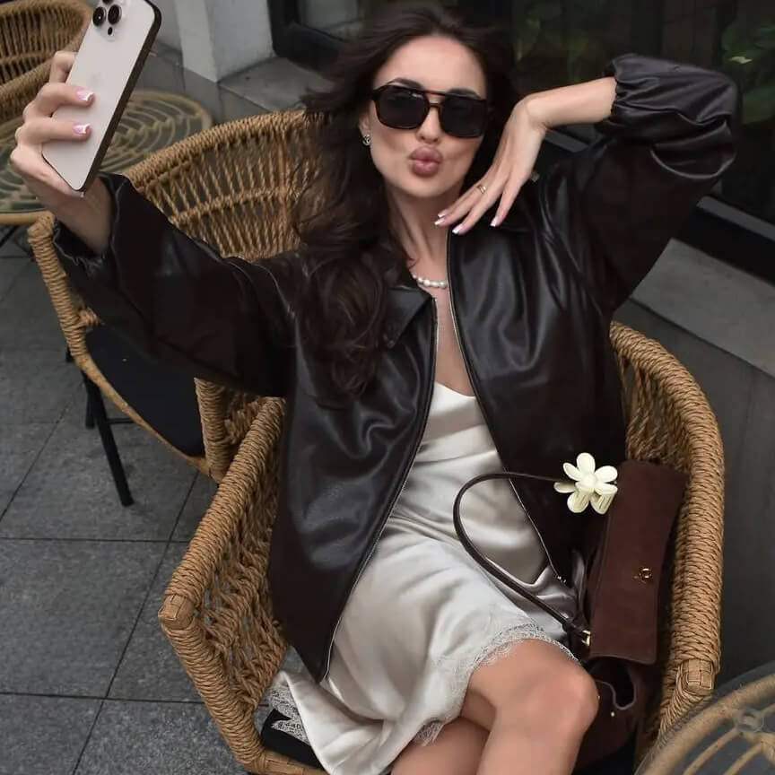 Genny Women's Leather Bomber Jacket - Stylish Autumn Aviator Jacket with Lapels and Long Sleeves 9