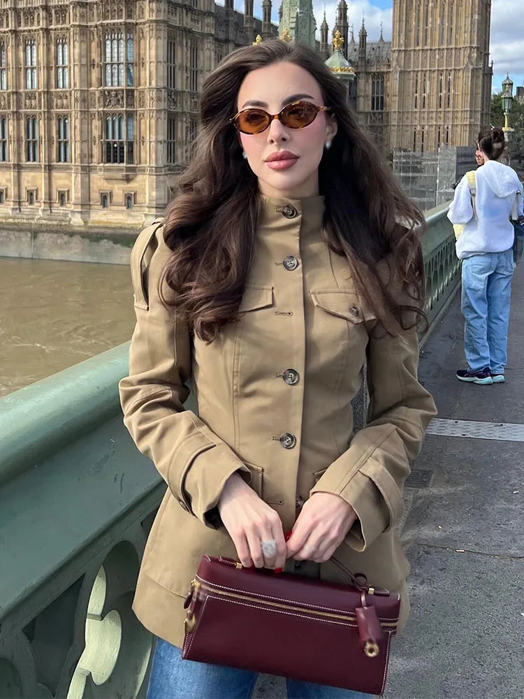 HH Woman Casual Autumn Jacket - Women's Jacket with Long Sleeves, High Neck, Pockets, Single Breasted Design 1