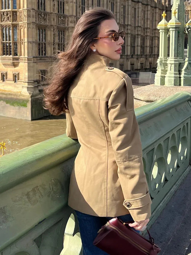 HH Woman Casual Autumn Jacket - Women's Jacket with Long Sleeves, High Neck, Pockets, Single Breasted Design 3