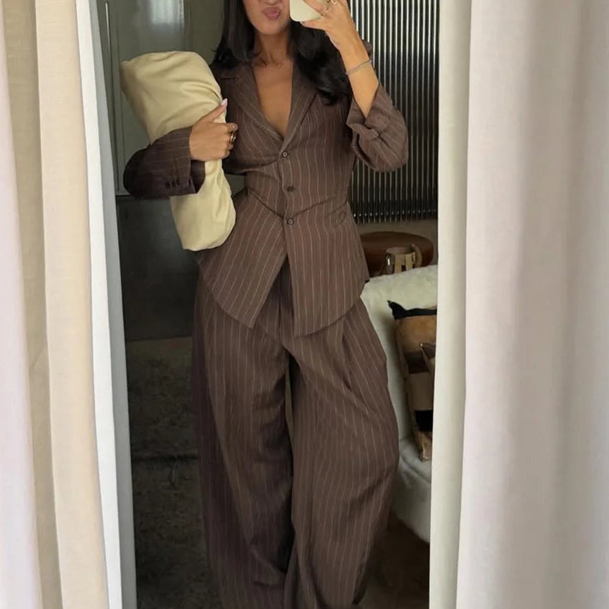 KONDALA Women's Suit - Chic Brown V-Neck Striped Blazer & High Waist Wide Leg Pants - Pant Suits for Women - Fall 2025 Casual Office Wear 1