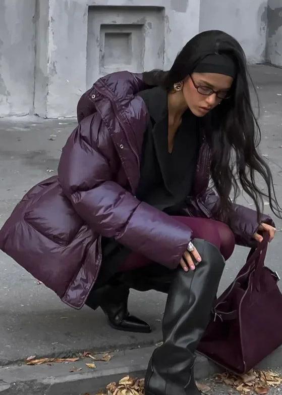Oversized Glossy Puffer Jacket Women - Deep Plum Winter Outerwear Coat 3