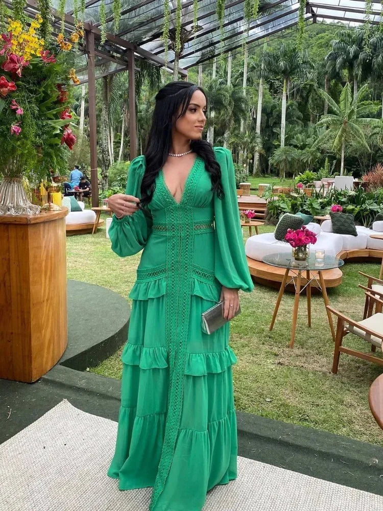 Molly Deep V-Neck Ruffle Maxi Dress