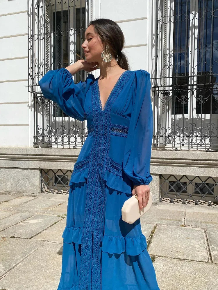 Molly Deep V-Neck Ruffle Maxi Dress