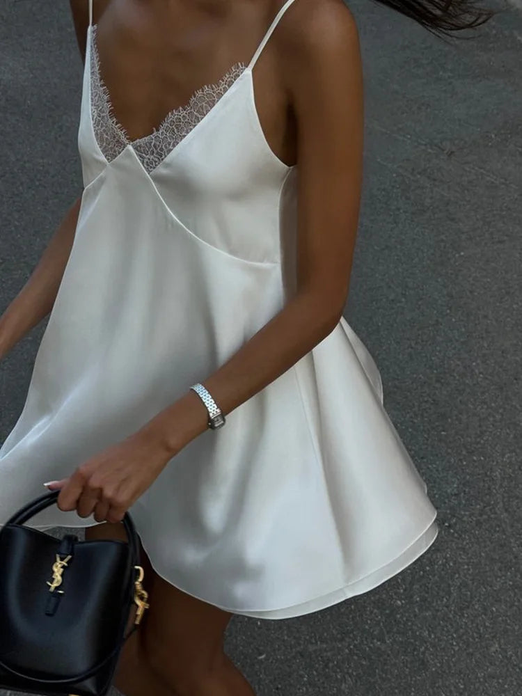 Sexy Lace Satin V Neck Mini Dress Elegant Women's Slip Backless Sleeveless Patchwork Silk Short Dresses White Summer Beach Trip 2
