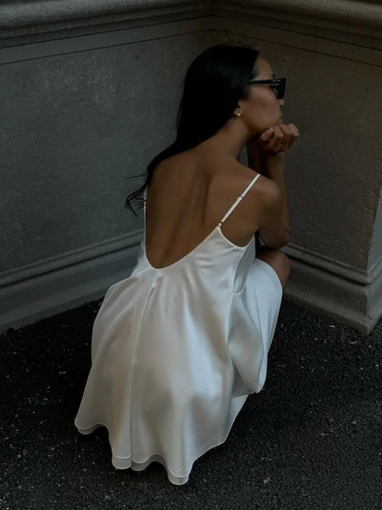 Sexy Lace Satin V Neck Mini Dress Elegant Women's Slip Backless Sleeveless Patchwork Silk Short Dresses White Summer Beach Trip 3