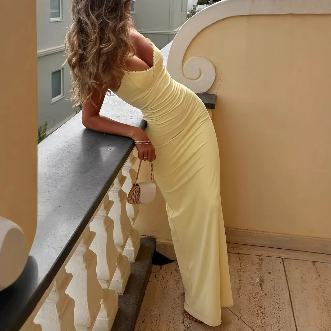 Summer Women's V-neck Yellow Dress With Sexy Backless 0