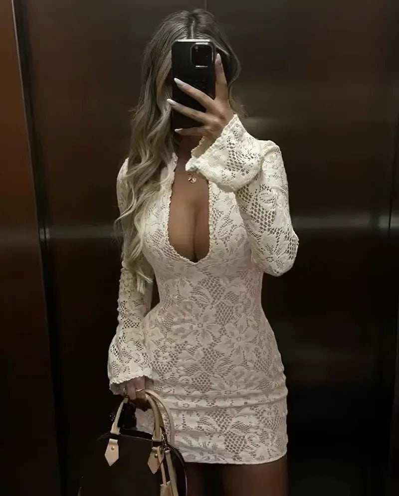 Suninheart Hollow Out Long Sleeve Cocktail Dress for Women - Elegant Lace Christmas Party Dresses 7