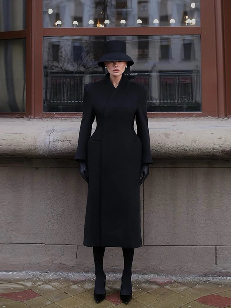 Vintage Classic Black Tweed Long Women's Coat - Elegant Winter Overcoat 1