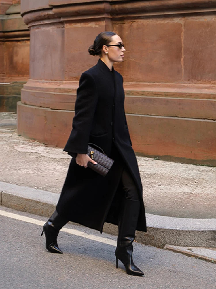 Vintage Classic Black Tweed Long Women's Coat - Elegant Winter Overcoat 4