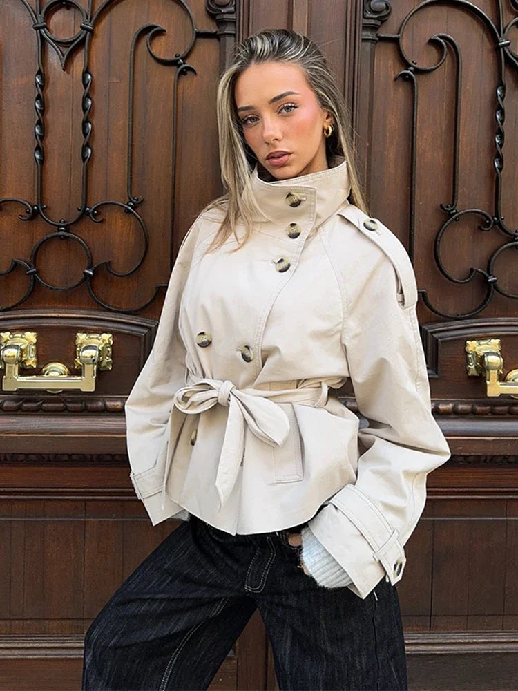 Women's Double Breasted Cropped Trench Coat - Casual Long Sleeve Outerwear for Women 4