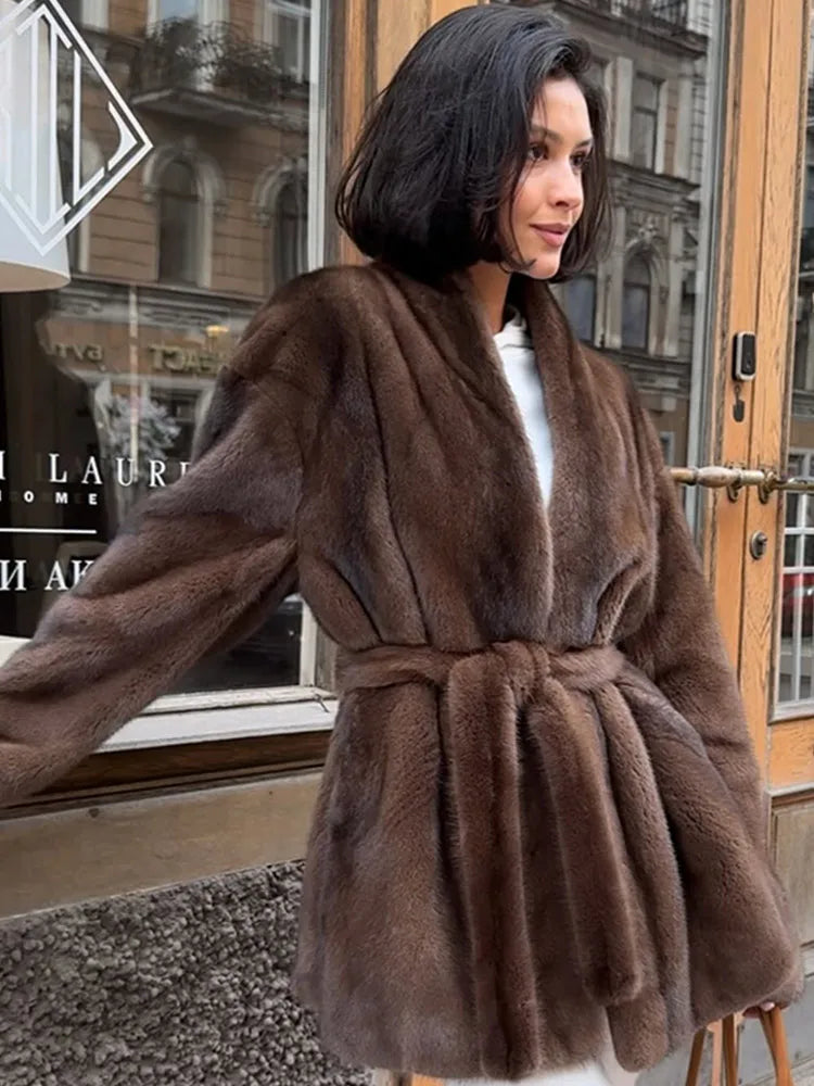 Women's Elegant Lace Up Faux Fur Jacket - Plush V-Neck Long Sleeve Loose Winter Coat for Daily Commute 2