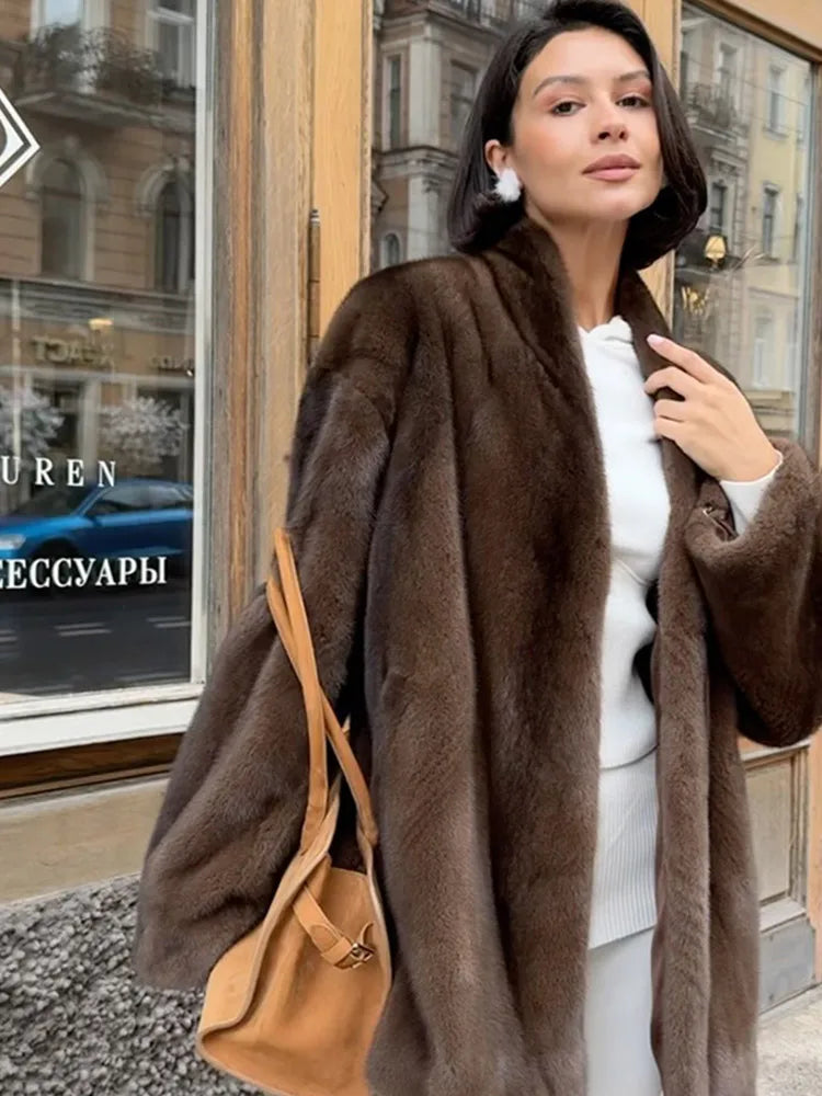 Women's Elegant Lace Up Faux Fur Jacket - Plush V-Neck Long Sleeve Loose Winter Coat for Daily Commute 3