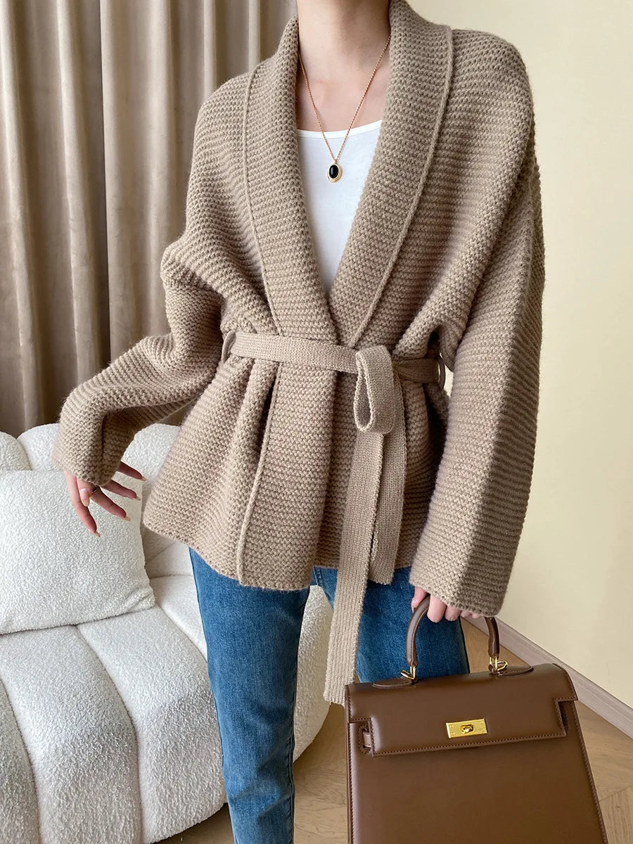 Women's Knitted Cardigan Sweater with Belt Loose Oversized Cardigans Solid Khaki Warm Lace Up Waist Fashion Coats for Women 4