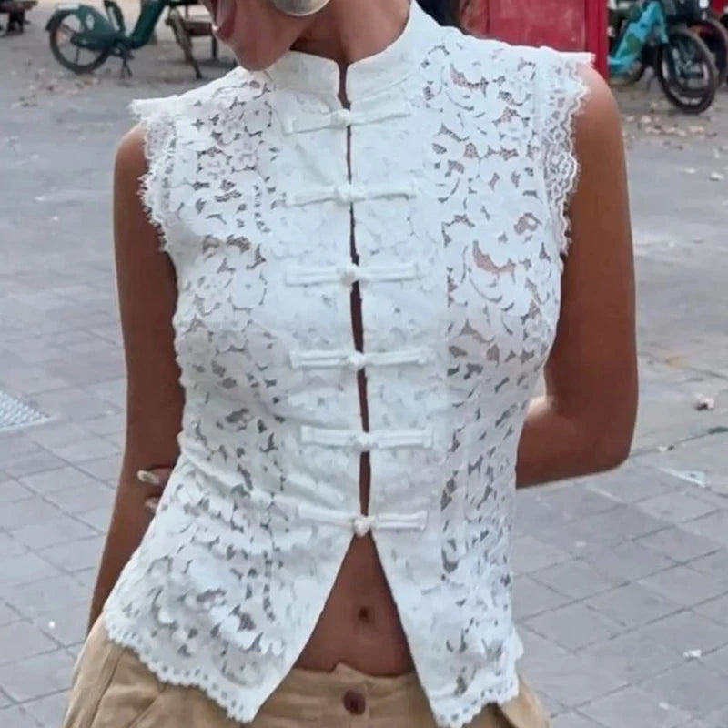 Womens Floral Lace Mandarin Collar Crop Top - Sexy Front Hollow Out Summer Sleeveless Shirt 7