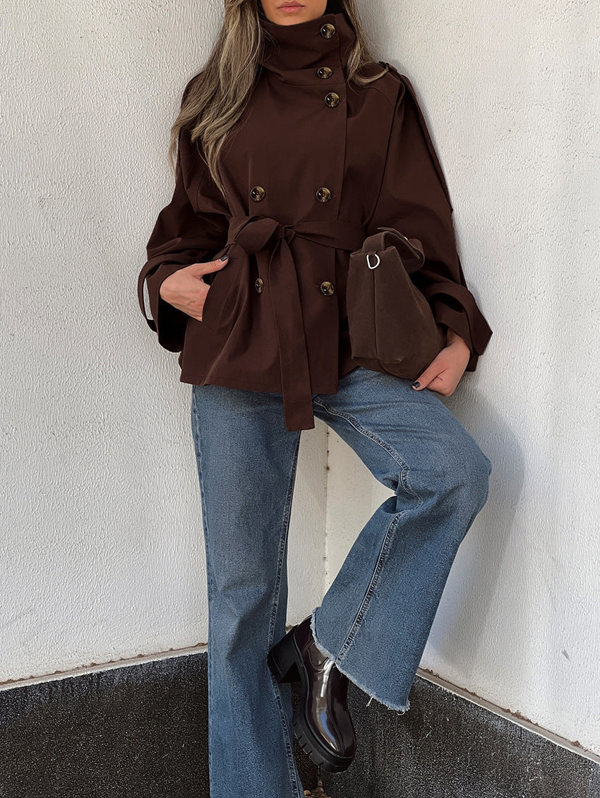 Womens Turtleneck Double Breasted Waist Tie Winter Coat 3