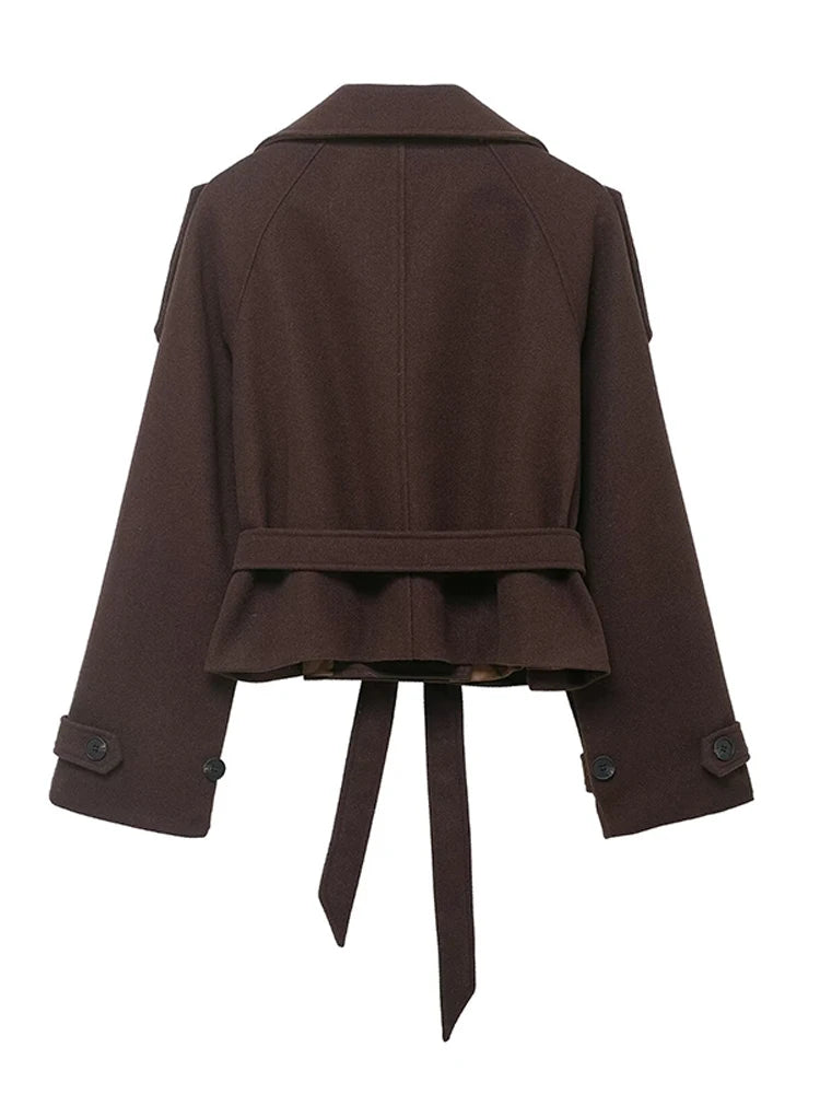 Woolen Trench Coat for Women - Stylish Double Breasted Long Sleeve Wool Womens Trench Coat with Stand Collar and Lace-Up Detail 1