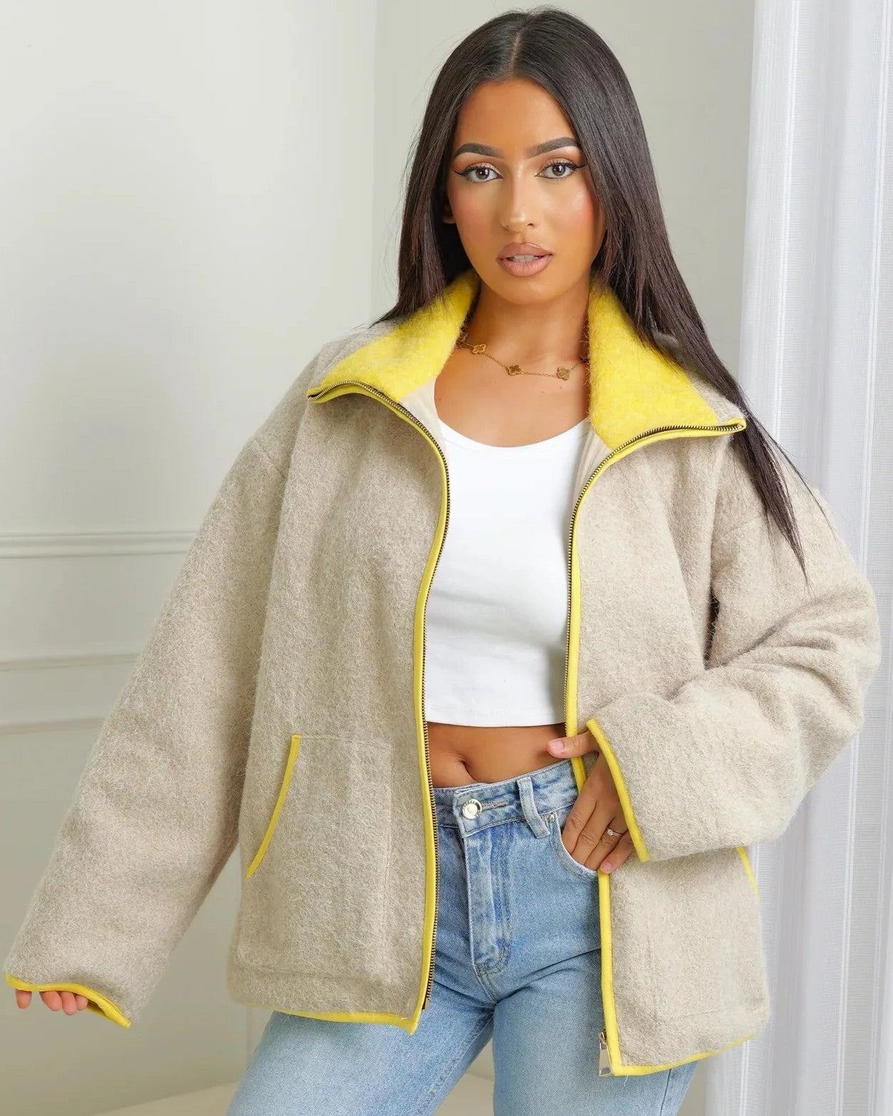 Miriam Stand Collar Contrast Knit Pilot Jacket