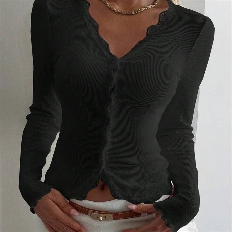 SOERA Roxana Ribbed Lace Trim V - Neck Blouse - Blouse -  Black S