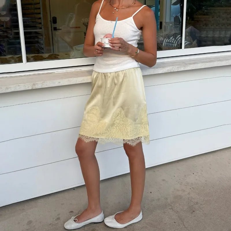 SOERA Saskia Lace Patchwork Satin Mini Skirt - Bottoms -  Yellow M