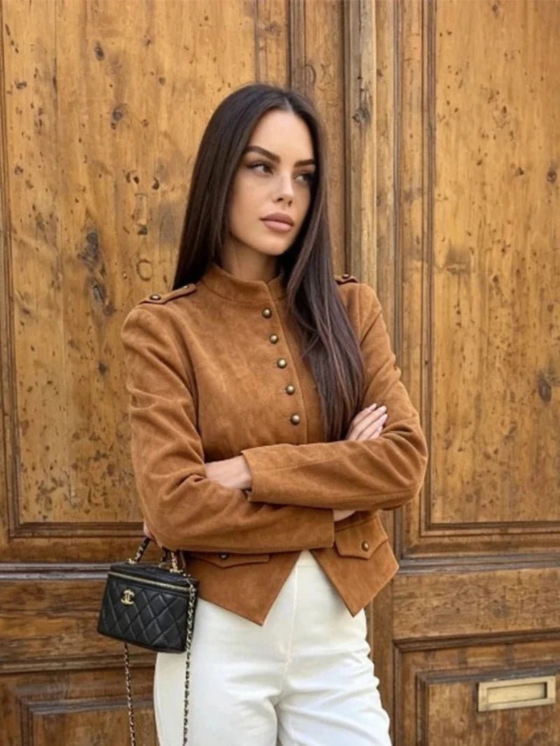 SOERA Nadia Faux Suede Button Cropped Coat - Coat - SOERA-747203-1-L-14051 Brown L