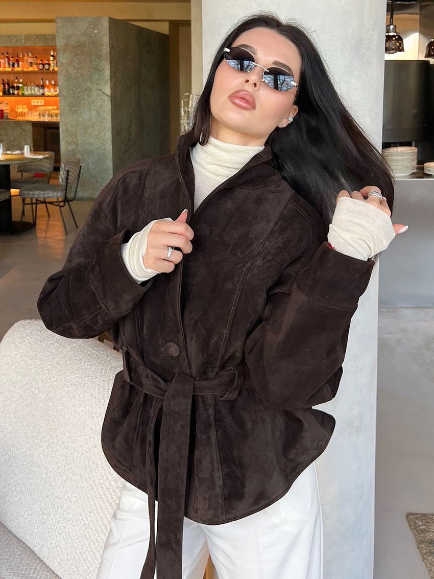 SOERA Teresa Belted Suede Trench Coat - Coat - SOERA-002819-BRO-L-04323 Brown L