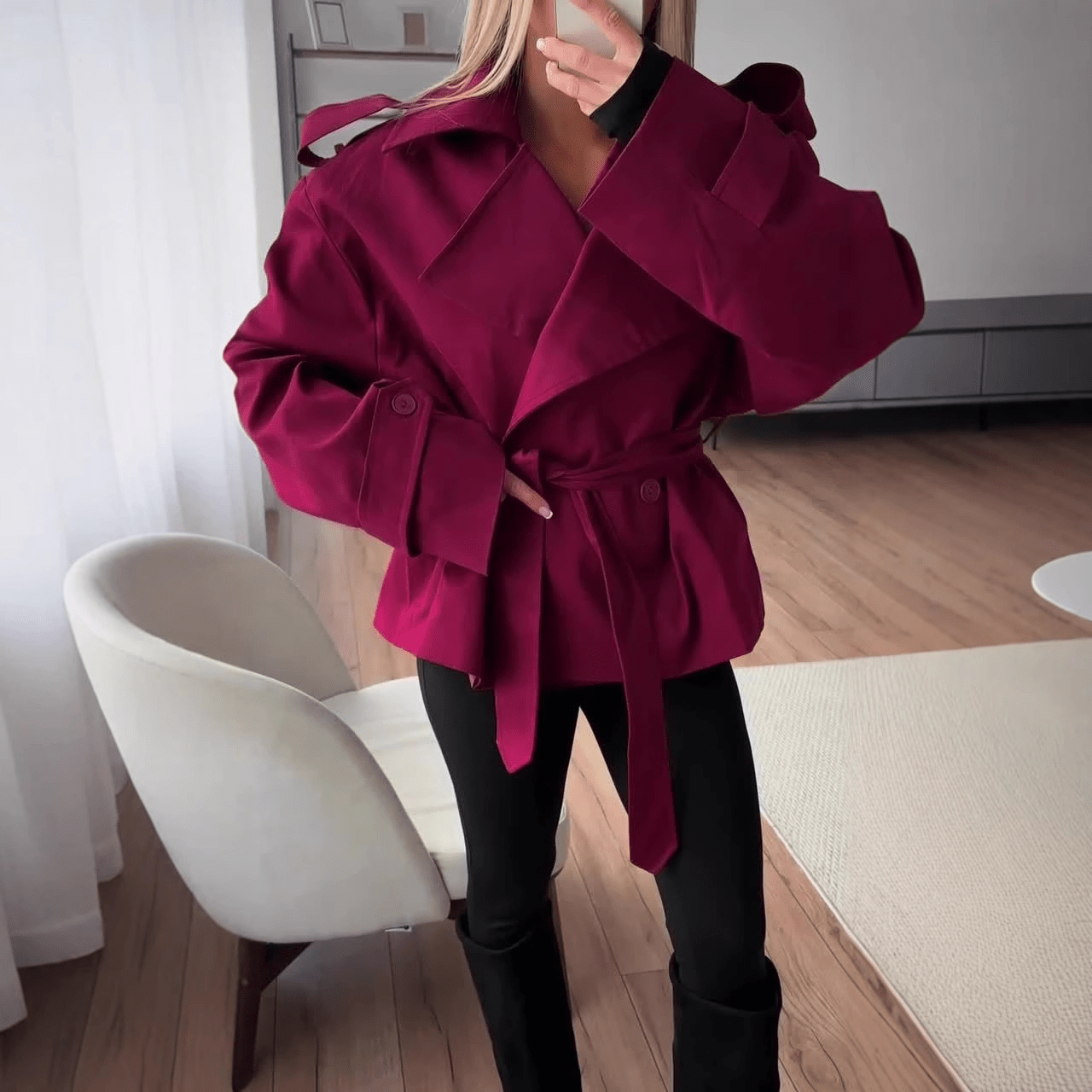 SOERA Molly Belted Cropped Trench Coat - Coats & Jackets - 1005009088260377-;fz1773321573478037457 Burgundy XS