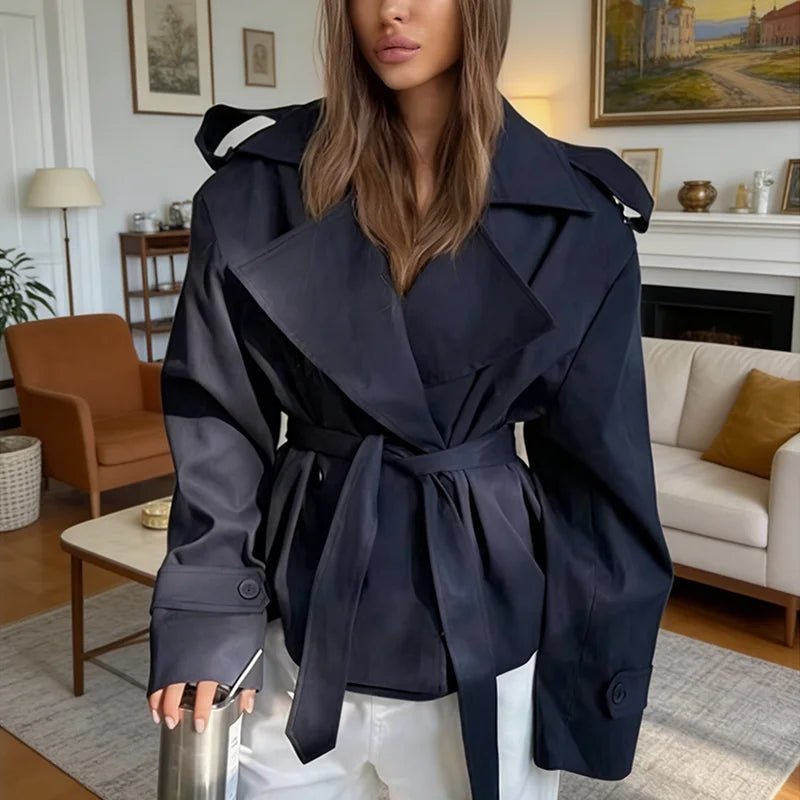 SOERA Tara Lace Up Cropped Trench Coat - Coats & Jackets - 1005010209802968-;oF1775118772176893463 Navy Blue XS