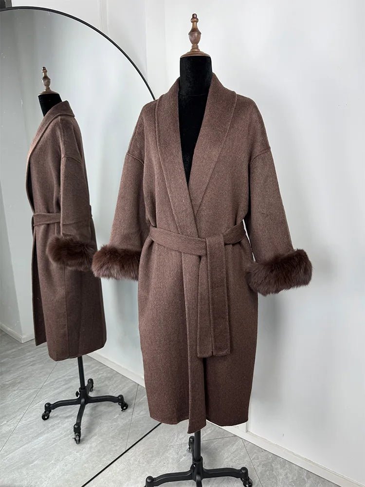 SOERA Wool Wrap Coat with Fox Fur Cuff - Coats & Jackets - 3256809512722732-;qf1766845283309419072 Short Burgundy L