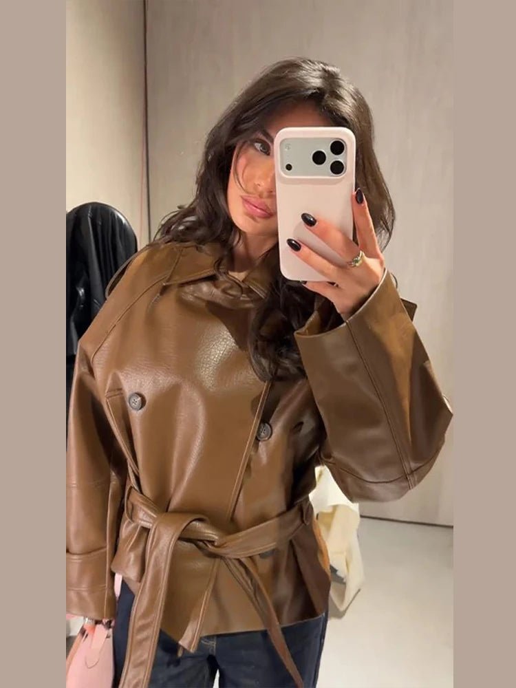 SOERA Xylia Belted Faux Leather Trench Coat - Coats & Jackets - 1005011754628540-;Ol1773374039407386974 XS