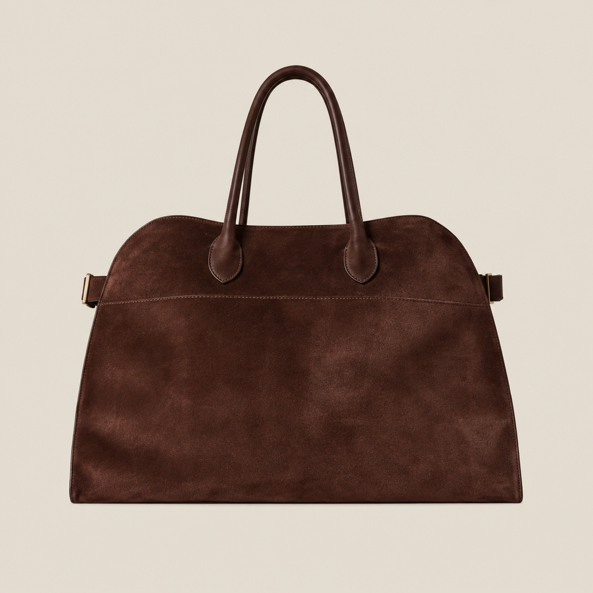 Chocolate brown suede tote on a warm beige background