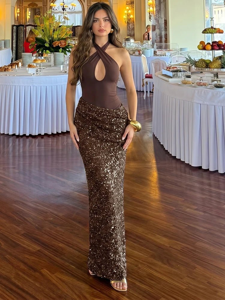 SOERA Aitia Criss-Cross Draped Maxi Dress - Dress - SOERA-343811-DEF-OS-42563 Brown XS