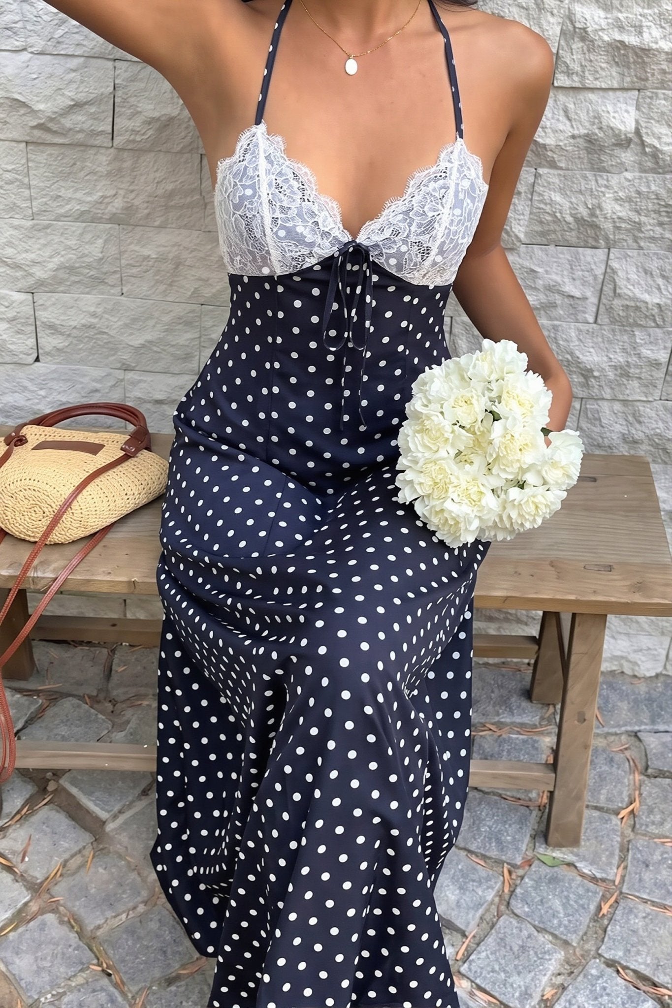 SOERA Aiwilda Polka Dot Halter Maxi Dress - Dress - SOERA-358339-NAV-M-36323 Navy Blue M