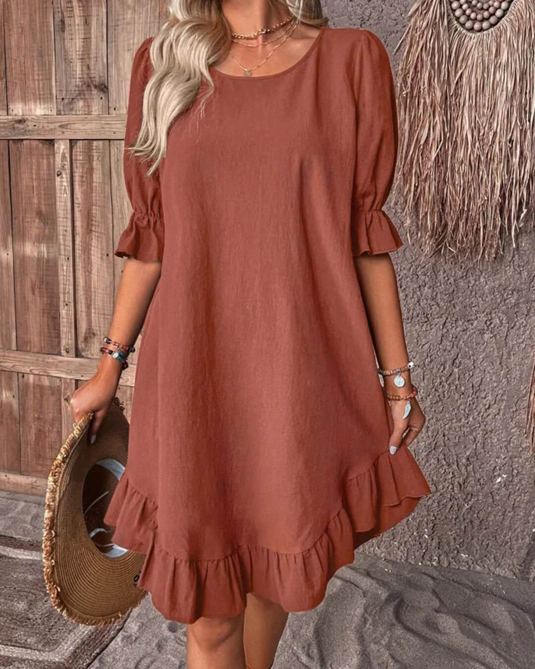 SOERA Celeste Ruffle Hem Smock Dress - Dress -  Brown S