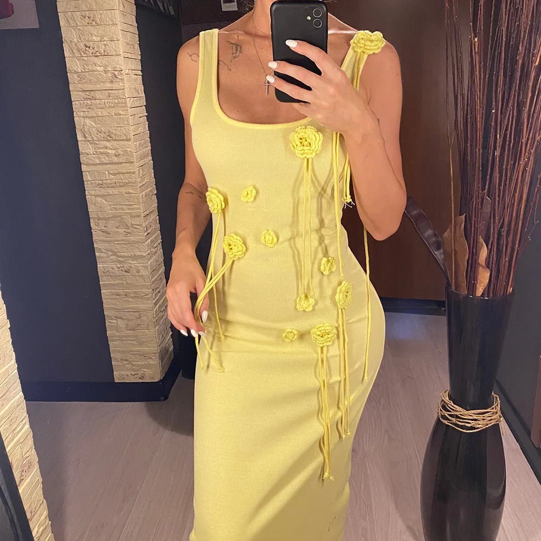 SOERA Iris Knitted Floral Embroidered Midi Dress - Dress -  Light Yellow XS
